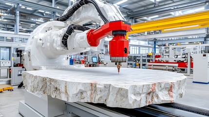 Wall Mural - Robotic Arm Precision Cutting Marble Slab in Factory