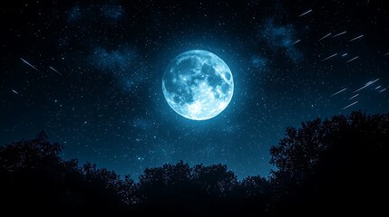full moon shining brightly in a night sky with shooting stars above a dark forest silhouette.