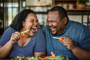 Wall Mural - couple, both plus-size, laughing while eating vegetable sticks