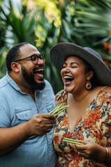 Wall Mural - couple, both plus-size, laughing while eating vegetable sticks