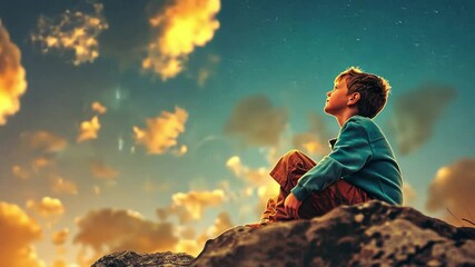 Poster - A young child sits on a rock, lost in thought while admiring the stunning sky filled with colorful clouds during sunset. The atmosphere reflects tranquility and wonder.