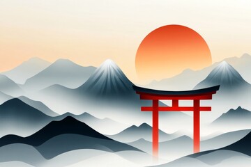 Poster - A minimalist design of a red torii gate with simple black and white mountains in the background