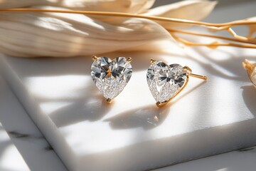 Poster - A pair of dazzling diamond earrings placed on a white marble tray, catching and refracting the light beautifully