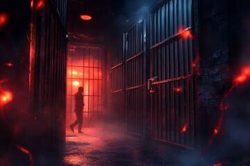 Aufkleber - A pixel art jail scene with a tiny prisoner pacing inside a cell, surrounded by animated flickering lights