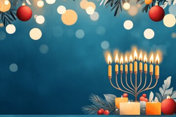 Poster - A pixel art menorah with flickering animated candles, set on a table with festive decorations in a retro style
