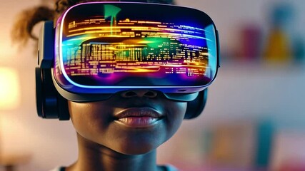 Poster - Young girl exploring virtual reality in a vibrant, colorful environment at home