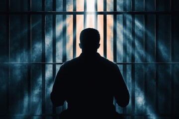 Poster - A silhouette of a prisoner behind bars, with a single ray of light cutting through the darkness