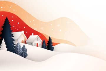 Poster - A simple flat design of an izba surrounded by pine trees, with bold, colorful outlines