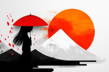 Poster - A simple geometric design of a Japanese girl holding an umbrella, surrounded by falling raindrops