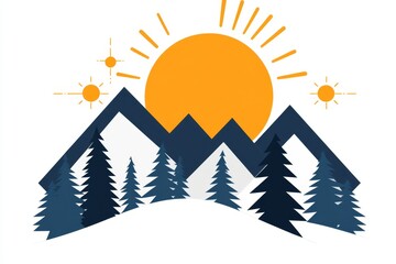 Poster - A simple flat design of an izba surrounded by pine trees, with bold, colorful outlines
