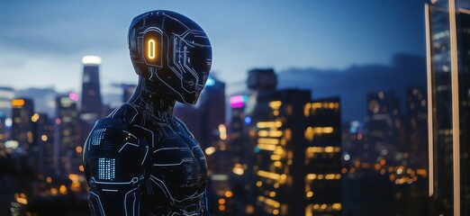 Poster - Futuristic humanoid robot overlooking vibrant city skyline at dusk, illuminated by neon lights and skyscrapers, showcasing advanced technology and urban life, copy space for text