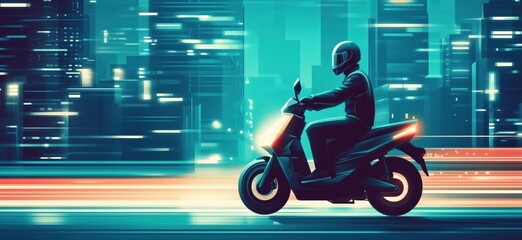 Poster - Motorcyclist Riding Through Neon Cityscape at Night, Futuristic Urban Environment, Dynamic Motion, Vibrant Colors, copy space for text