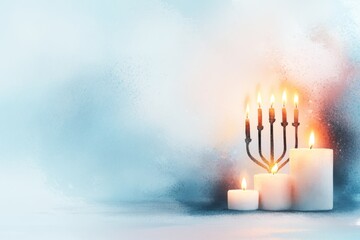 Poster - A soft watercolor painting of a menorah, with glowing candles casting warm, blended light across the scene