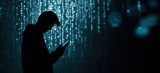 Poster - Silhouette of person using smartphone against digital rain background, representing technology, communication, and modern lifestyle, copy space for text
