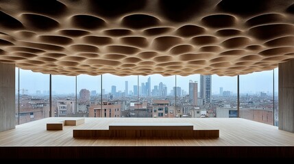 Poster - Modern interior with a unique ceiling and city view.