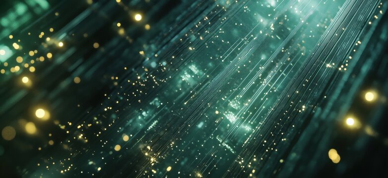 Digital data streams with glowing particles and light effects creating a futuristic atmosphere, copy space for text