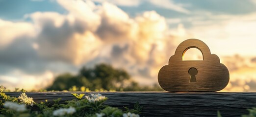 Poster - Cloud security lock symbolizing data protection, privacy, and digital safety in nature setting with vibrant sky and flowers, copy space for text