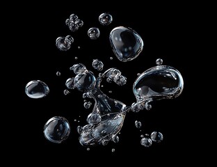 Aufkleber - Water droplets and bubbles exploding on black background.