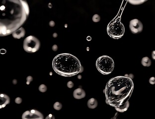 Poster - Water droplets and bubbles on black background.