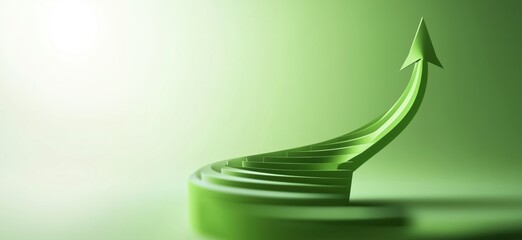 Poster - Green upward arrow symbolizing growth, progress, and success with a smooth curved path, representing financial or personal development, copy space for text