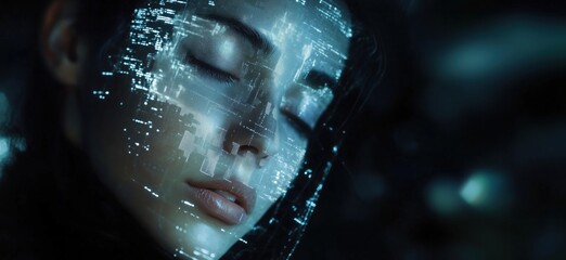 Poster - Futuristic portrait of woman with digital facial overlay, showcasing technology and beauty, blending human features with cybernetic elements, copy space for text