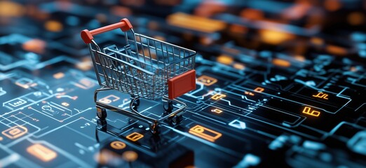 Aufkleber - Digital Shopping Cart on Futuristic Circuit Board Background, Symbolizing E-commerce and Online Retail Innovations, copy space for text