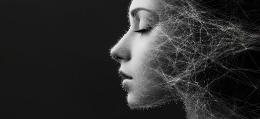 Poster - Abstract representation of human profile with neural network connections, showcasing the fusion of technology and human emotion in a monochromatic design, copy space for text