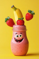 Canvas Print - A smoothie bottle holding a tiny banana and strawberry, both waving in excitement