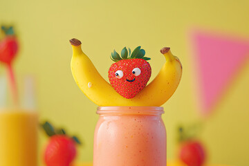 Canvas Print - A smoothie bottle holding a tiny banana and strawberry, both waving in excitement