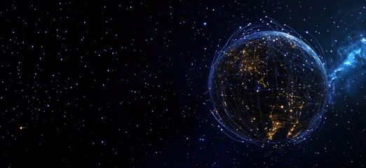 Poster - Global Connectivity Visualization with Illuminated Cities and Network Lines in Space, copy space for text