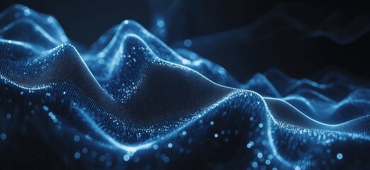 Poster - digital wave patterns illuminated by blue light, showcasing intricate textures and depth in a futuri