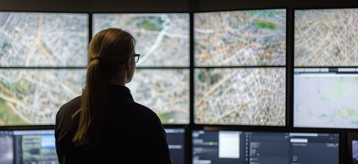 Poster - surveillance operator monitoring multiple screens displaying urban maps and data analytics in a cont
