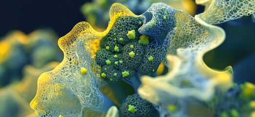 Poster - Intricate Cellular Structure with Lattice Framework and Vibrant Colors, Showcasing Microscopic Life Forms and Organic Patterns, copy space for text