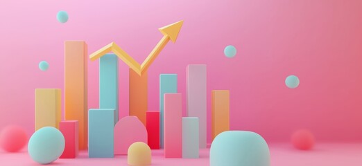 Poster - Colorful 3D Graph with Rising Arrow and Geometric Shapes on Pink Background, Representing Growth and Success, copy space for text
