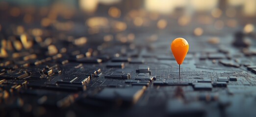 Poster - Orange location pin on abstract city map, representing navigation and geolocation technology, urban planning, and digital mapping, copy space for text