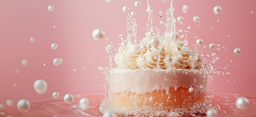 Poster - Splashing cake with pearls, creamy frosting, and vibrant pink background creating a festive and celebratory atmosphere, copy space for text