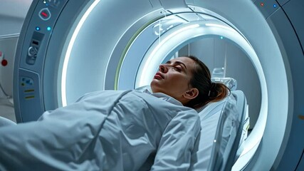 Poster - A patient lies on a medical table, preparing for an advanced imaging procedure in a high-tech healthcare facility.