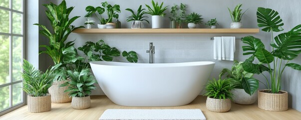 Wall Mural - Serene bathroom oasis with lush greenery and modern tub