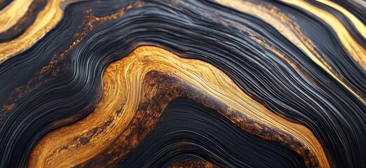 Poster - Abstract wavy texture with black and gold patterns showcasing fluid lines and rich colors, copy space for text