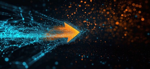 Poster - Dynamic Arrow Symbolizing Progress and Innovation with Blue and Orange Particles in Motion, copy space for text
