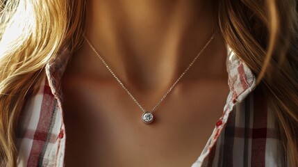 Close-up of woman wearing a solitaire diamond pendant necklace. Ideal for jewelry, fashion, or luxury product websites.