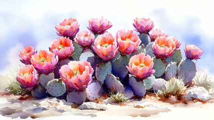 Canvas Print - Watercolor painting of prickly pear cacti in full bloom, showcasing vibrant pink and orange flowers against a desert landscape.