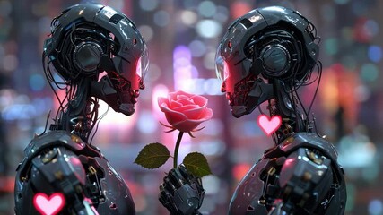 Poster - Two advanced robots face each other, each holding a beautiful red rose. Their metallic forms shine in a colorful, romantic atmosphere filled with soft lights, perfect for Valentine's Day.