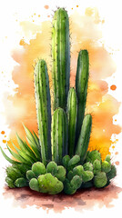 Wall Mural - Watercolor painting of cacti and succulents against a sunset backdrop.