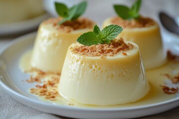 Wall Mural - Creamy Flan Desserts Topped With Crumble And Mint