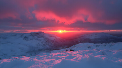 Wall Mural - Vivid sunset over snow-covered mountain range.