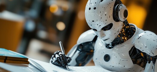 Poster - robot writing notes with pen, showcasing advanced ai technology and human-like features in modern wo
