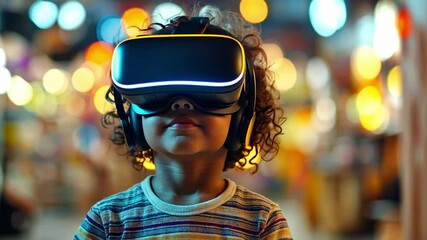 Poster - Child enjoying immersive virtual reality experience in a vibrant marketplace environment