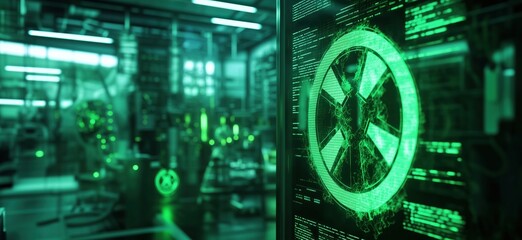 Poster - futuristic laboratory with green digital interface and biohazard symbol, showcasing advanced technol