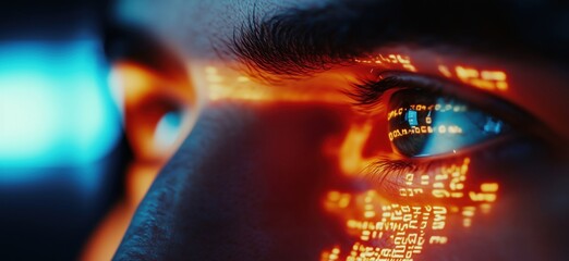 Poster - Digital Eye Reflection with Binary Code and Futuristic Elements, Close-Up of Human Eye with Glowing Data Patterns, copy space for text